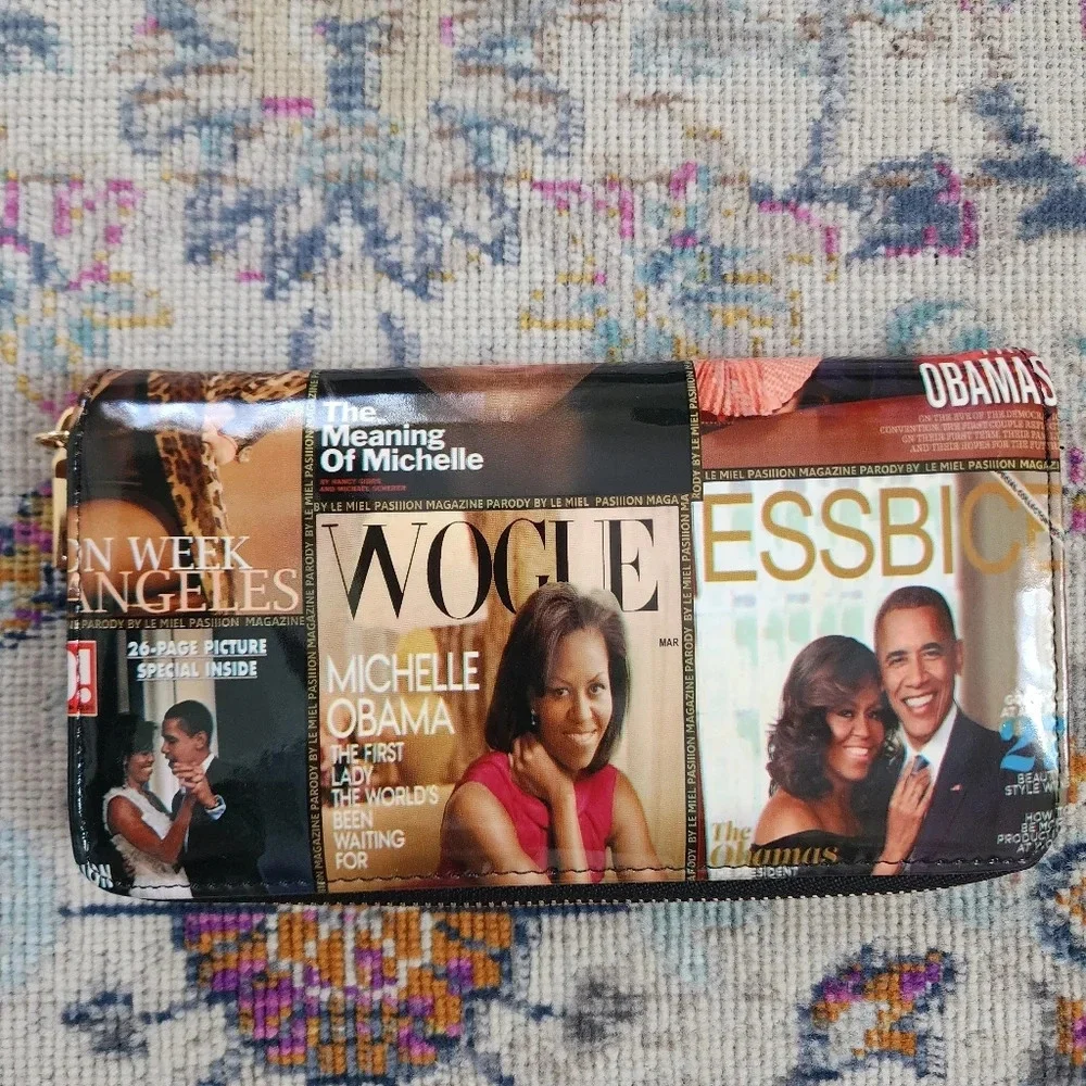 Barack & Michelle Obama Magazine Cover Wallet Glossy Zip Clutch Fashion Wallet